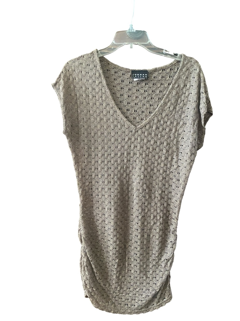 Jordan Taylor Taupe Metallic Open-Knit V-Neck Short Sleeve Swim Cover Up